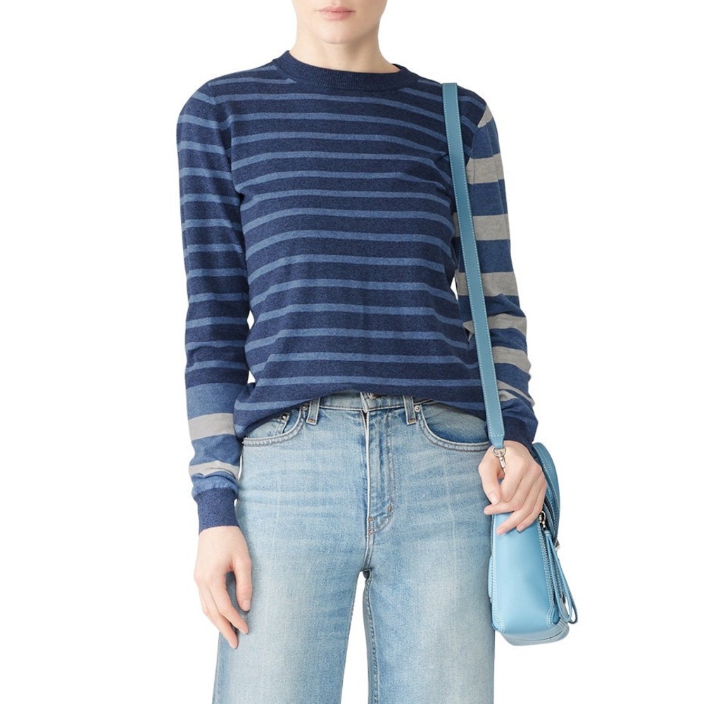 Derek Lam Denim Blue Mash Up Stripe Cotton Cashmere Crew Neck Pullover Sweater M